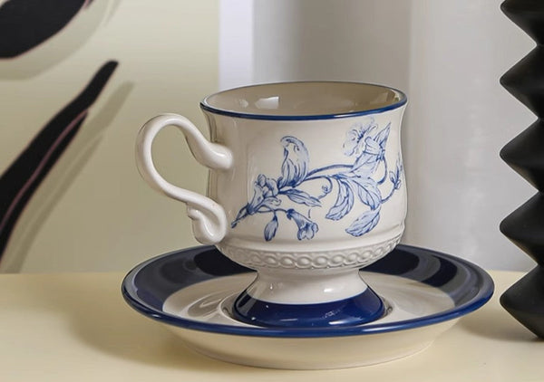 Creative Blue Coffee Cup and Saucer, 8 oz Ceramic Cups for Traditional Afternoon Tea, Creative Porcelain Tea Cup Saucer Set, Beautiful British Tea Cups-Grace Painting Crafts