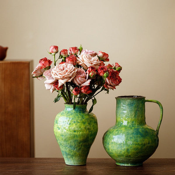 Modern Pottery Flower Vases, Handmade Water Holding Flower Vases, Pottery Bud Vases, Large Green Flower Vases on Table, Centerpiece on Dining Table-Grace Painting Crafts