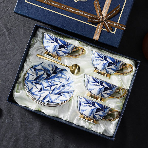 Unique British Tea Cup and Saucer in Gift Box, Blue Porcelain Tea Cup Saucer Set, 7.4 oz British Ceramic Coffee Cups-Grace Painting Crafts