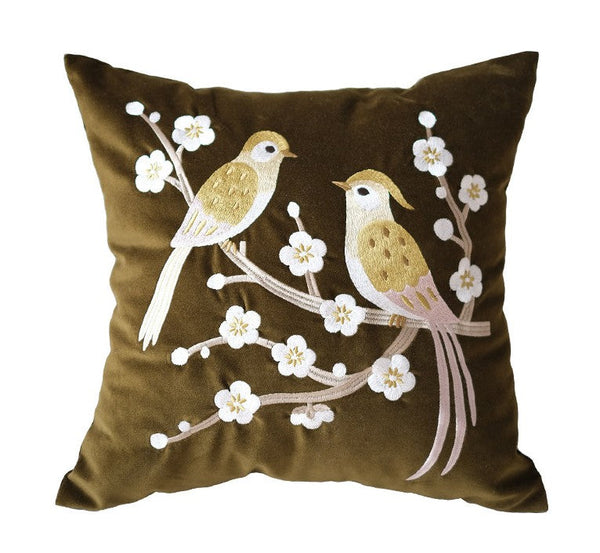 Embroidered birds cushion, Decorative Pillows for Couch, Vintage Decorative Pillows, Modern Throw Pillows for Bedroom, Decorative Pillow Arrangement Ideas for Couch-Grace Painting Crafts