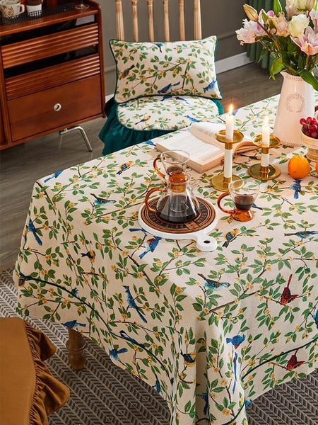 Large Modern Rectangle Tablecloth for Dining Room Table, Bird Flower Pattern Farmhouse Table Cloth, Square Tablecloth for Round Table-Grace Painting Crafts