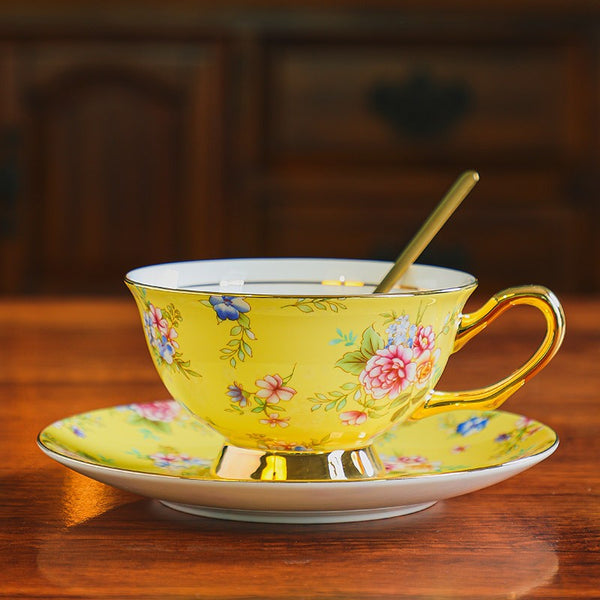 Ceramic Coffee Cup with Saucer, Traditional English Tea Cup and Saucer Set, Floral Porcelain Tea Cup and Saucer Set, Afternoon British Tea Cup with Saucer-Grace Painting Crafts