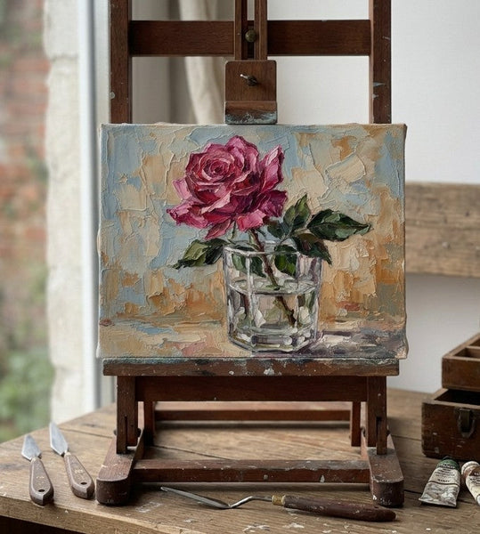 Original Oil Paintings, Impasto Red Rose in Glass Vase, Hand Painted Canvas Art, Original Flower Paintings, Small Canvas Art, Impasto Canvas Artwork-Grace Painting Crafts