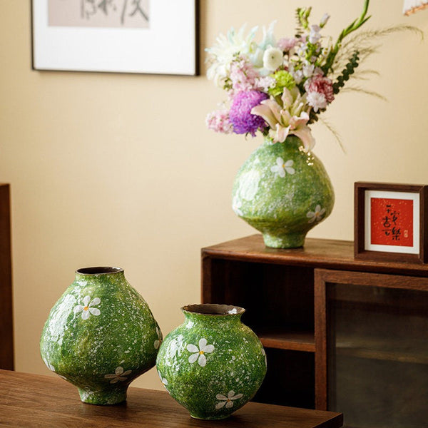 Modern Pottery Flower Vases, Centerpiece on Dining Table, Handmade Water Holding Flower Vases, Pottery Bud Vases, Large Green Flower Vases on Table-Grace Painting Crafts