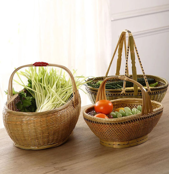 Natural Hand-woven Bamboo Basket, Extra Large Picnic Food Basket with Handle, Lovely Bamboo Baskets for Vegetable, Natural Fruit Basket Kitchen Storage Baskets-Grace Painting Crafts