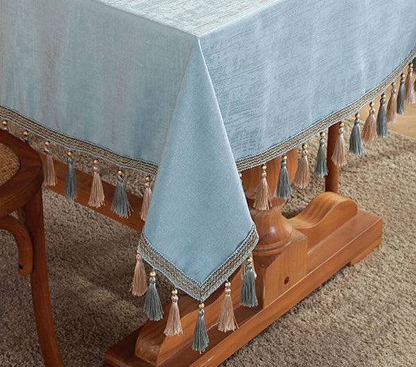Light Blue Fringes Tablecloth for Home Decoration, Square Tablecloth for Round Table, Modern Rectangle Tablecloth, Large Simple Table Cloth for Dining Room Table-Grace Painting Crafts