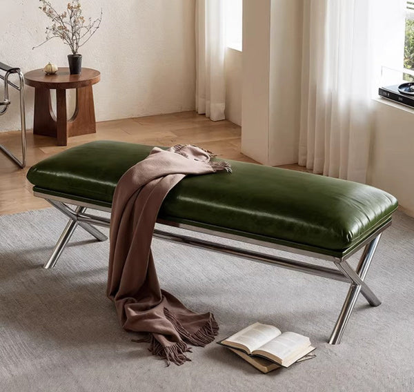 Luxury Genuine Leather Entry Bench, Upholstered Shoe Bench, Contemporay Bedroom Bench, Narrow Entryway Bench, Modern Shoe Changing Ottoman, Mid-Century Hall Bench-Grace Painting Crafts