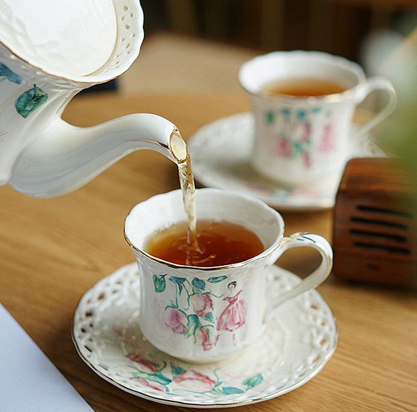 Elegant British Tea Cups, Beautiful Bone China Porcelain Tea Cup Set, Traditional English Tea Cups and Saucers, Unique Ceramic Coffee Cups-Grace Painting Crafts