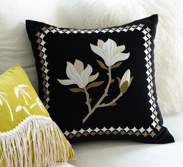 Decorative Pillow Arrangement Ideas for Couch, Magnolia Embroidered Cushion, Large Decorative Pillows for Couch, Modern Throw Pillows for Bedroom, Living Room Decorative Pillows-Grace Painting Crafts