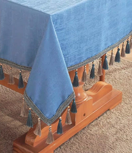 Modern Rectangle Tablecloth, Large Simple Table Cover for Dining Room Table, Square Tablecloth for Round Table, Blue Fringes Tablecloth for Home Decoration-Grace Painting Crafts