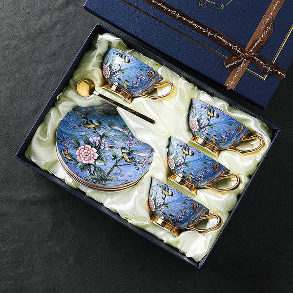 Unique British Tea Cup and Saucer in Gift Box, Blue Bird and Butterfly Porcelain Tea Cup Saucer Set, 7.4 oz British Ceramic Coffee Cups-Grace Painting Crafts