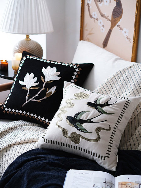 Luxury Decorative Pillows for Couch, Modern Throw Pillows for Couch, Vintage Decorative Pillows, Embroidered Swallow Birds Cushion, Decorative Pillow Arrangement Ideas for Bed-Grace Painting Crafts