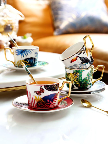 Coffee Cups with Gold Trim and Gift Box, Jungle Leopard Pattern Porcelain Coffee Cups, 7.4 oz Tea Cup and Saucer-Grace Painting Crafts