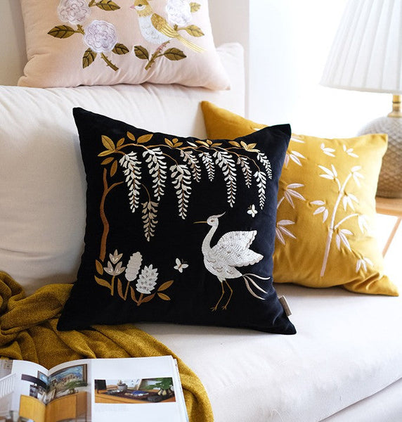 Decorative Pillow Arrangement Ideas for Bed, Embroidered Egret Cushion, Vintage Decorative Pillows, Luxury Decorative Pillows for Couch, Modern Throw Pillows for Couch-Grace Painting Crafts