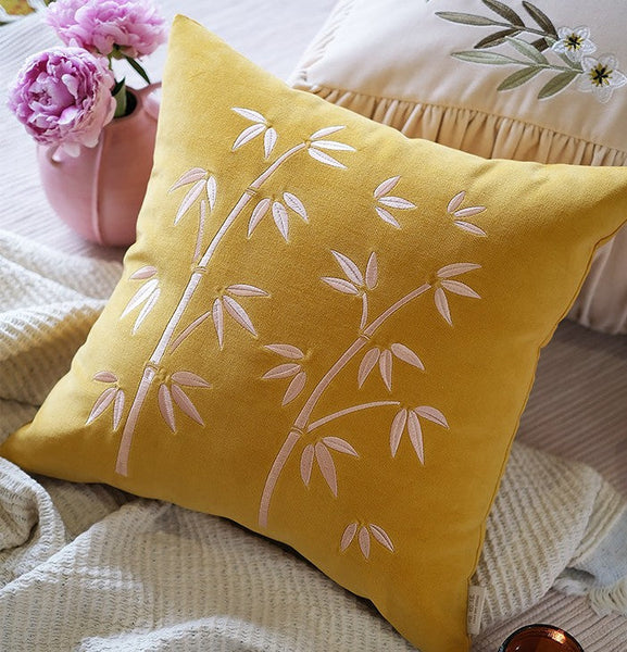 Large Decorative Pillows for Couch, Modern Throw Pillows for Bedroom, Living Room Decorative Pillows, Yellow Embroidered Bamboo Cushion, Decorative Pillow Arrangement Ideas for Couch-Grace Painting Crafts