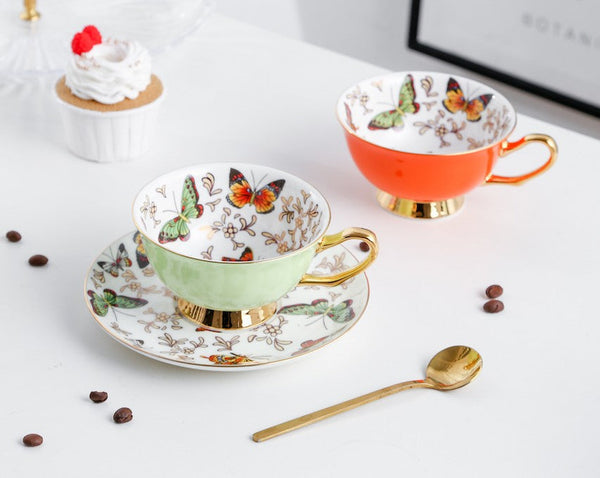 Creative Butterfly Ceramic Coffee Cups, Unique Butterfly Coffee Cups and Saucers, Beautiful British Tea Cups, Creative Bone China Porcelain Tea Cup Set-Grace Painting Crafts