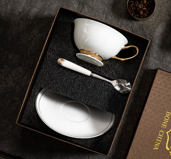 Porcelain Tea Cup Saucer Set, White Ceramic Cups, 7.8 oz British Ceramic Coffee Cups, Unique Tea Cup and Saucer in Gift Box-Grace Painting Crafts