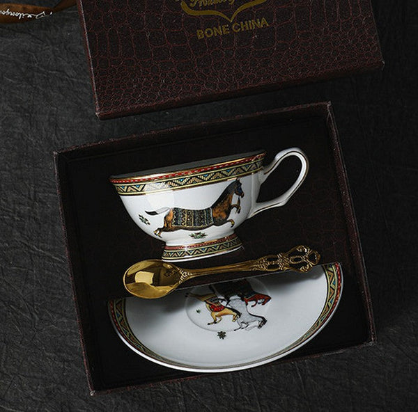 Porcelain Tea Cup and Saucer Set, Elegant British Horse Pattern Coffee Cup with Saucer, Ceramic Tea Cup and Saucer in Gift Box