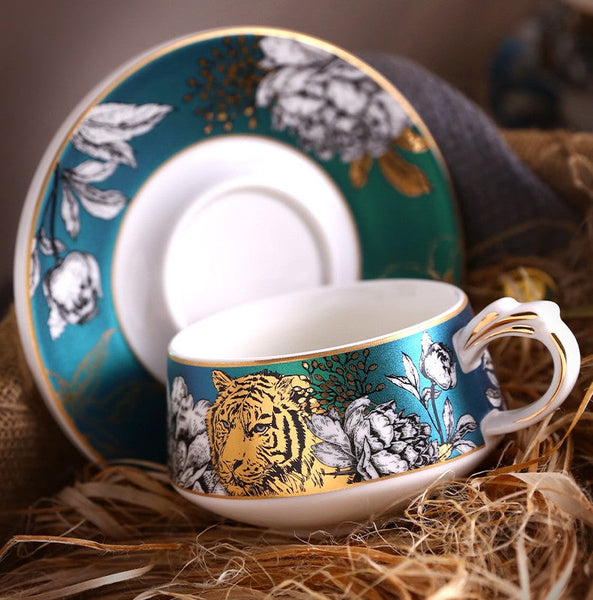 Creative Ceramic Tea Cups and Saucers, Jungle Tiger Cheetah Porcelain Coffee Cups, Unique Ceramic Cups with Gold Trim and Gift Box-Grace Painting Crafts