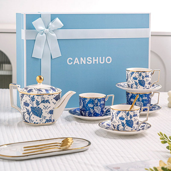 Unique British Traditional Afternoon Tea Cup Set with Teapot, Ceramic Coffee Cup with Saucer in Gift Box, Blue Porcelain Tea Cup and Saucer Set