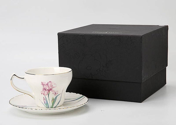 Iris Flower British Tea Cups, Beautiful Porcelain Tea Cup Saucer Set, Traditional English Tea Cup and Saucer, Unique Ceramic Coffee Cups in Gift Box-Grace Painting Crafts
