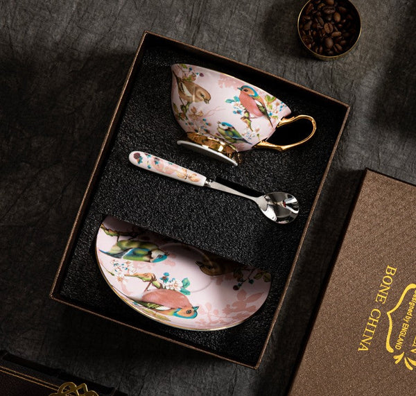 Unique Tea Cup and Saucer in Gift Box, Lovely Birds Ceramic Cups, 8 oz Ceramic Coffee Cups, Afternoon Porcelain Tea Cup Set-Grace Painting Crafts
