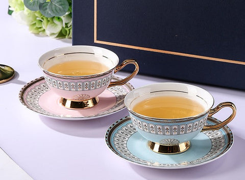 Royal Blue and Pink Bone China Porcelain Tea Cup Set, Tea Cups and Saucers in Gift Box, Elegant Ceramic Coffee Cups, Beautiful British Tea Cups-Grace Painting Crafts