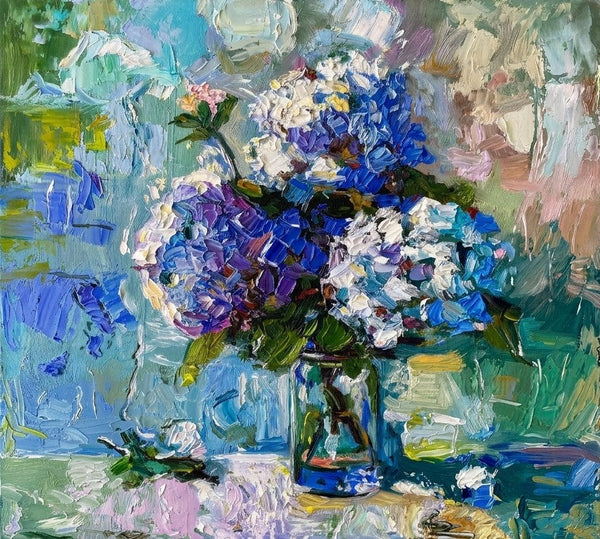 Blue Hydrangeas in Full Bloom, Hand Painted Canvas Art, Still Life Painting, Small Canvas Artwork, Original Flower Paintings, Impasto Heavy Texutre Art-Grace Painting Crafts
