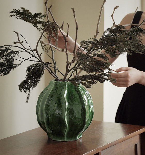 Large Contemporary Vases on Dining Table, Handmade Modern Flower Vase, Centerpiece Ceramic Bouquet Vases, Green Porcelain Vases for Modern Home Decor-Grace Painting Crafts
