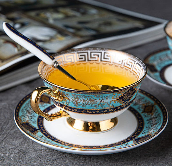 Unique Tea Cup and Saucer in Gift Box, 7.4 oz British Ceramic Coffee Cups, Porcelain Tea Cup Set for Office-Grace Painting Crafts
