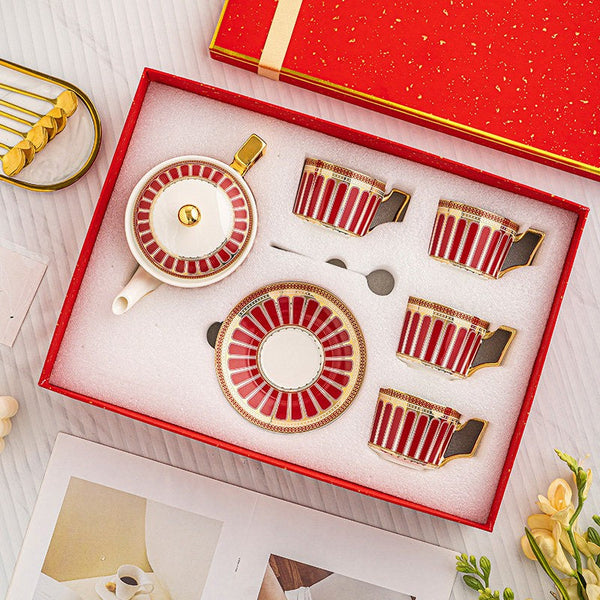 Beautiful Porcelain Tea Cup and Saucer Set, Red Tea Cup and Saucer Set with Teapot in Gift Box, Modern Ceramic Coffee Cups
