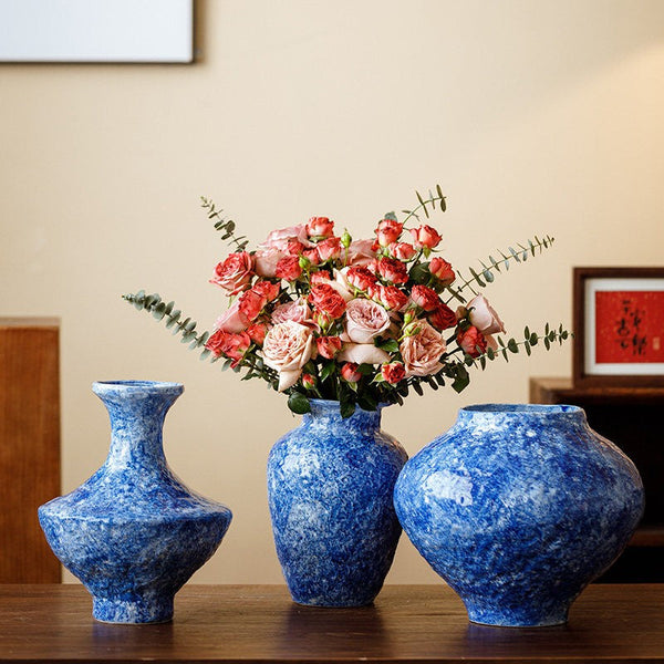 Modern Pottery Flower Vases, Handmade Water Holding Flower Vases, Centerpiece on Dining Table, Blue Pottery Bud Vases, Large Flower Vases on Table-Grace Painting Crafts