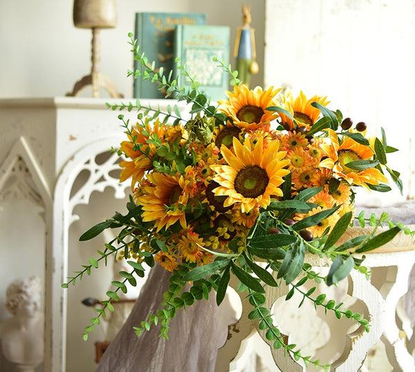 Large Bunch of Yellow Sunflowers, Unique Floral Arrangement for Home Decoration, Table Centerpiece, Real Touch Artificial Flowers for Living Room-Grace Painting Crafts