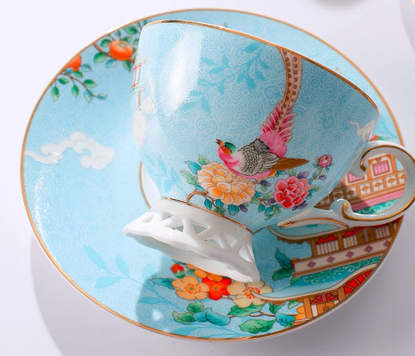 Beautiful Bird Pattern Tea Cups, 8 oz Porcelain Tea Cup Saucer Set of 2 Cups, Elegant Oriental Pheasant Ceramic Cup and Saucer in Gift Box-Grace Painting Crafts