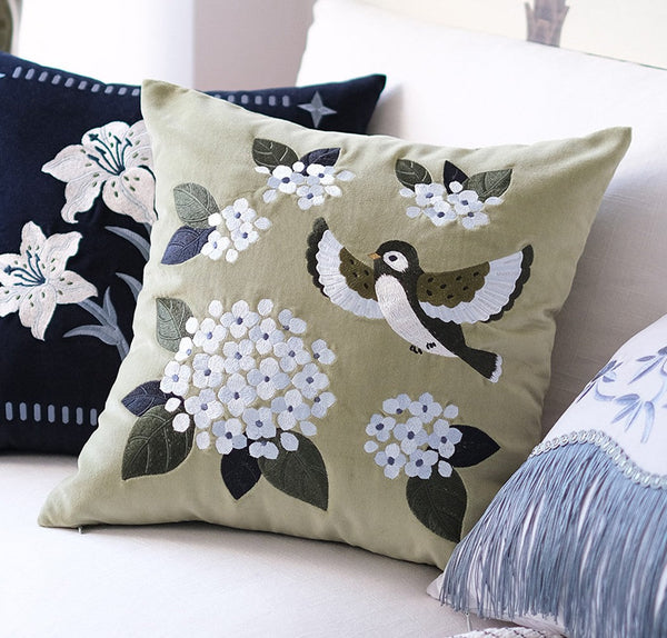 Living Room Decorative Pillows, Embroidered Swallow Birds Cushion, Large Decorative Pillows for Couch, Modern Throw Pillows for Bedroom, Decorative Pillow Arrangement Ideas for Couch-Grace Painting Crafts