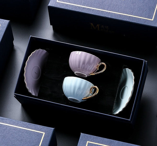 Macaroon Ceramic Coffee Cups, 6.8 oz Tea Cup and Saucer Set of 2 Cups in Gift Box as Birthday Gift, Beautiful Elegant British Tea Cups, Creative Porcelain Tea Cup Set-Grace Painting Crafts