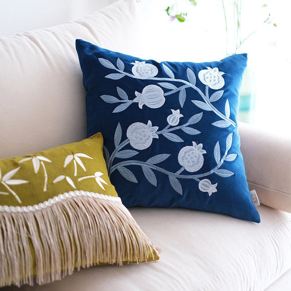 Large Decorative Pillows for Couch, Living Room Decorative Pillows, Blue Embroidered Pomegranate Cushion, Modern Throw Pillows for Bedroom, Decorative Pillow Arrangement Ideas for Couch-Grace Painting Crafts