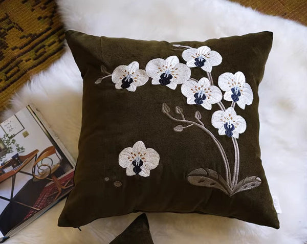 Large Decorative Pillows for Couch, Dark Olive Green Embroidered Moth Orchid Cushion, Decorative Pillow Arrangement Ideas for Couch, Living Room Decorative Pillows, Modern Throw Pillows for Bedroom-Grace Painting Crafts