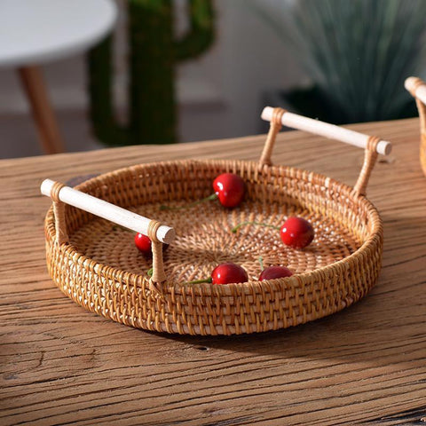 Small Rattan Storage Basket, Fruit Basket, Round Storage Basket with Handle, Kitchen Storage Baskets, Woven Storage Baskets-Grace Painting Crafts