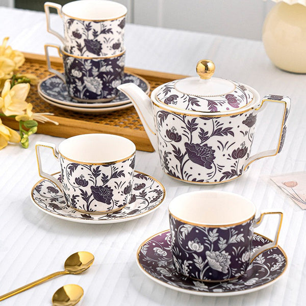 Porcelain Tea Cup and Saucer Set, British Traditional Afternoon Tea Cup Set with Teapot, Ceramic Coffee Cup with Saucer in Gift Box