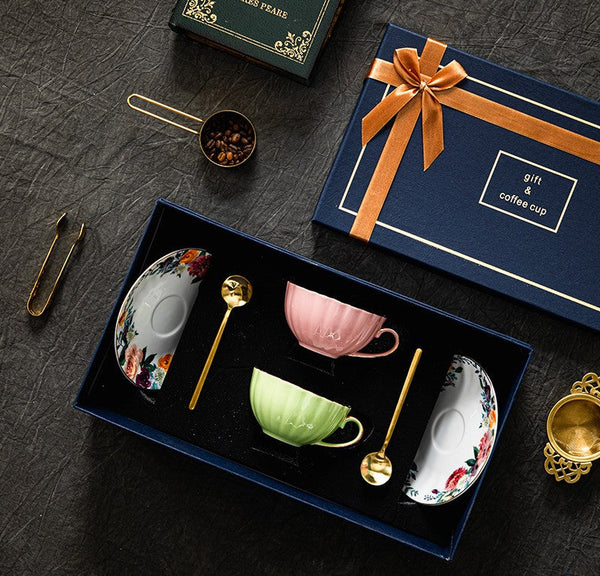 Elegant Ceramic Coffee Cups, Beautiful British Tea Cups, Creative Porcelain Tea Cup Saucer Set, 6.8 oz Tea Cup and Saucer in Gift Box-Grace Painting Crafts