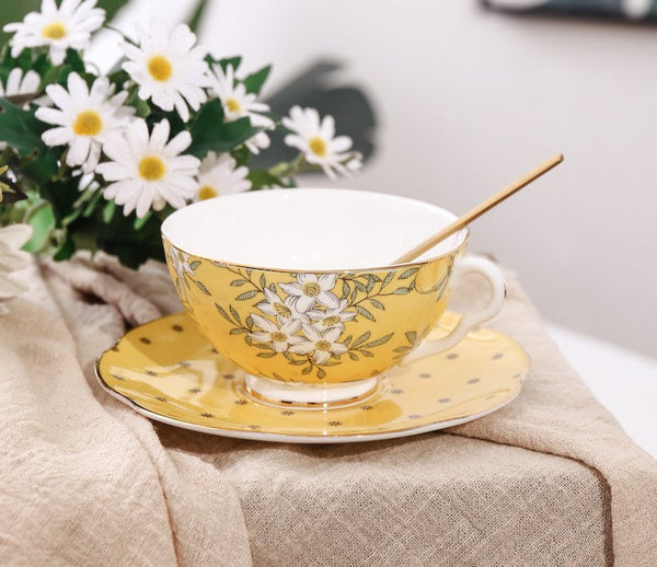 Creative Yellow Ceramic Coffee Cups, Unique Flower Coffee Cup and Saucer, Beautiful British Tea Cups, Creative Porcelain Tea Cup Set-Grace Painting Crafts