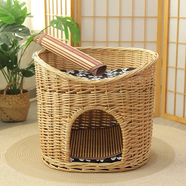 Washable Wicker Cat Bed, Wicker Cat House with Washable Cushion for Indoor Cats and Dogs-Grace Painting Crafts