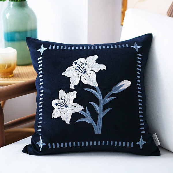 Dark Blue Lily Embroidered Cushion, Living Room Decorative Pillows, Decorative Pillow Arrangement Ideas for Couch, Large Decorative Pillows for Couch, Modern Throw Pillows for Bedroom-Grace Painting Crafts