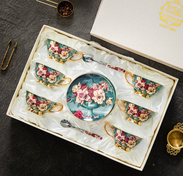 Rose Royal Ceramic Cups, Elegant Flower Ceramic Coffee Cups, Afternoon Porcelain Tea Cup Saucer Set, 6.8 oz Tea Cup and Saucer in Gift Box-Grace Painting Crafts