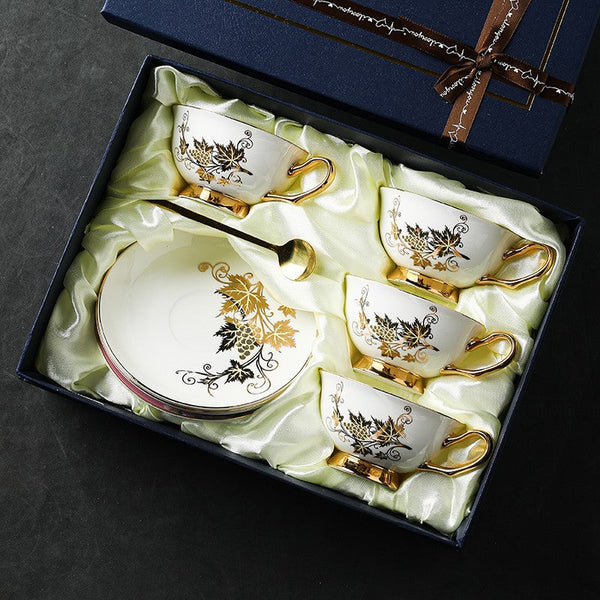Elegant British Ceramic Coffee Cups, 7.4 oz Golden Leaves and Grapes Porcelain Tea Cup Saucer Set, Unique British Tea Cup and Saucer in Gift Box-Grace Painting Crafts