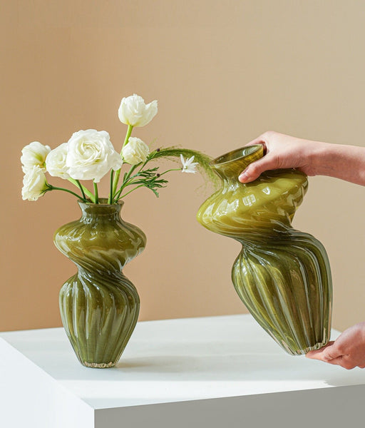 Handmade Contemporary Glass Vases, Modern Green Vases for Living Room, Mid Century Vases for Flowers, Unique Decorative Glass Vase, Centerpiece Vases on Table-Grace Painting Crafts