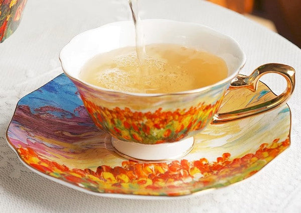 Elegant Ceramic Coffee Cups, Flower Field Vintage Porcelain Tea Cup Saucer Set, Unique British Tea Cup and Saucer in Gift Box, Royal Ceramic Cups-Grace Painting Crafts
