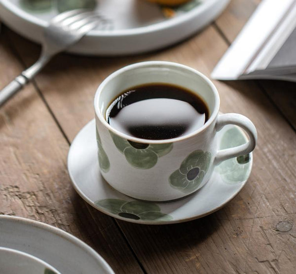 Cappuccino Coffee Cup, Spring Flower Coffee Cup, Rustic Tea Cup, Pottery Coffee Cups, Coffee Cup and Saucer Set-Grace Painting Crafts