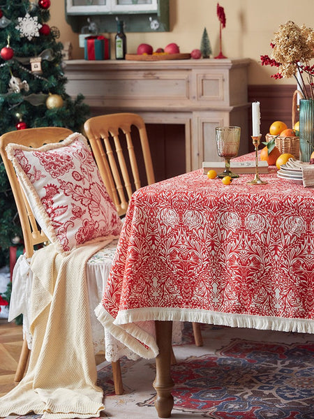 Large Fiberflax Rectangle Tablecloth for Home Decoration, Red Flower Pattern Tablecloth for Holiday Decoration, Square Tablecloth for Round Table-Grace Painting Crafts
